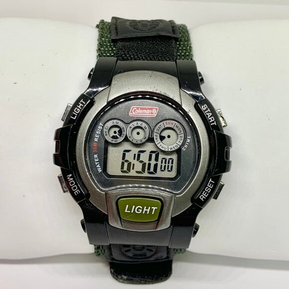 Coleman men’s digital watch 45mm black gray case green hoop and loop nylon band - Picture 1 of 6